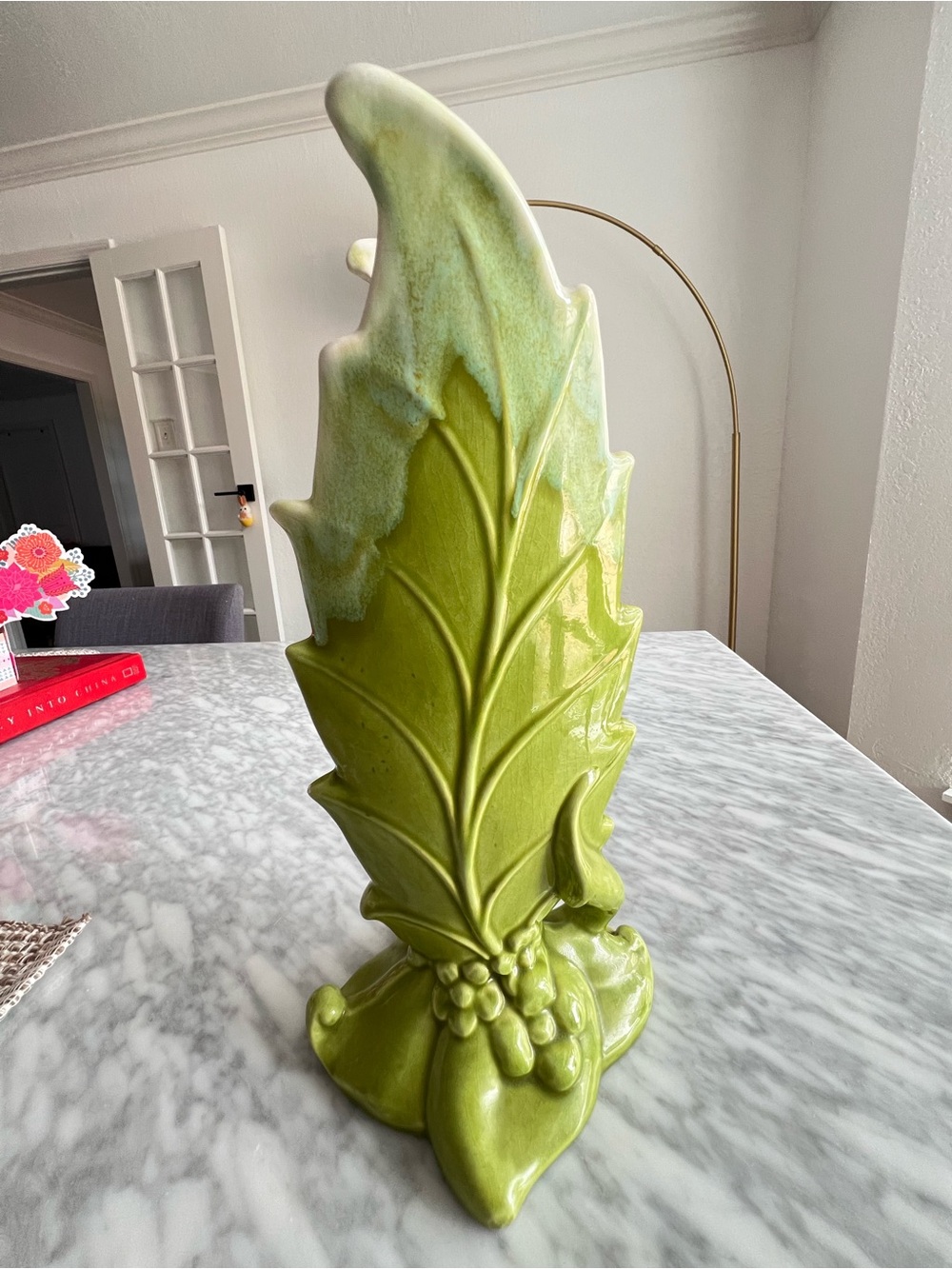 Vintage Pottery Green Leaf Sculptural Vase 12”